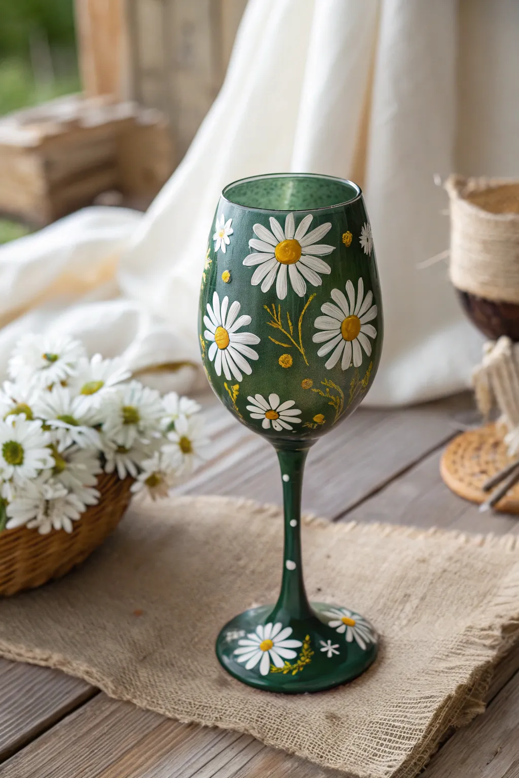 Add a splash of whimsy to your table with cheerful daisy-painted wine glasses.