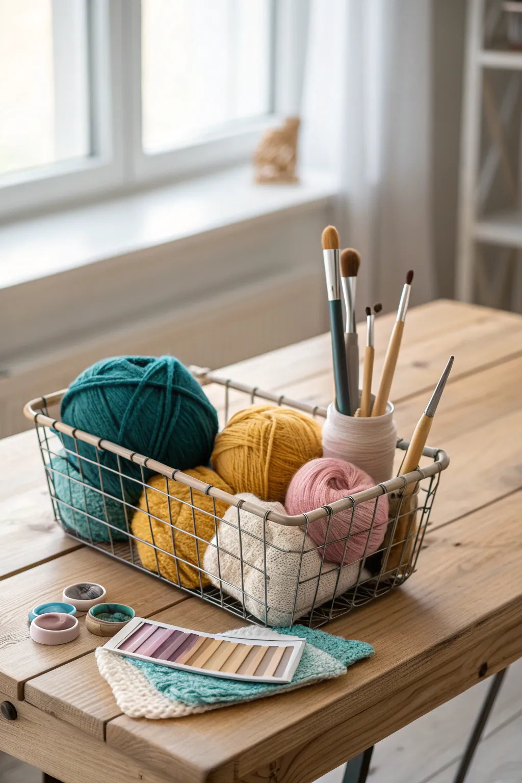 Organize your creative chaos in style with this chic wire basket solution. ✨ #CraftRoomGoals #ScandiBoho