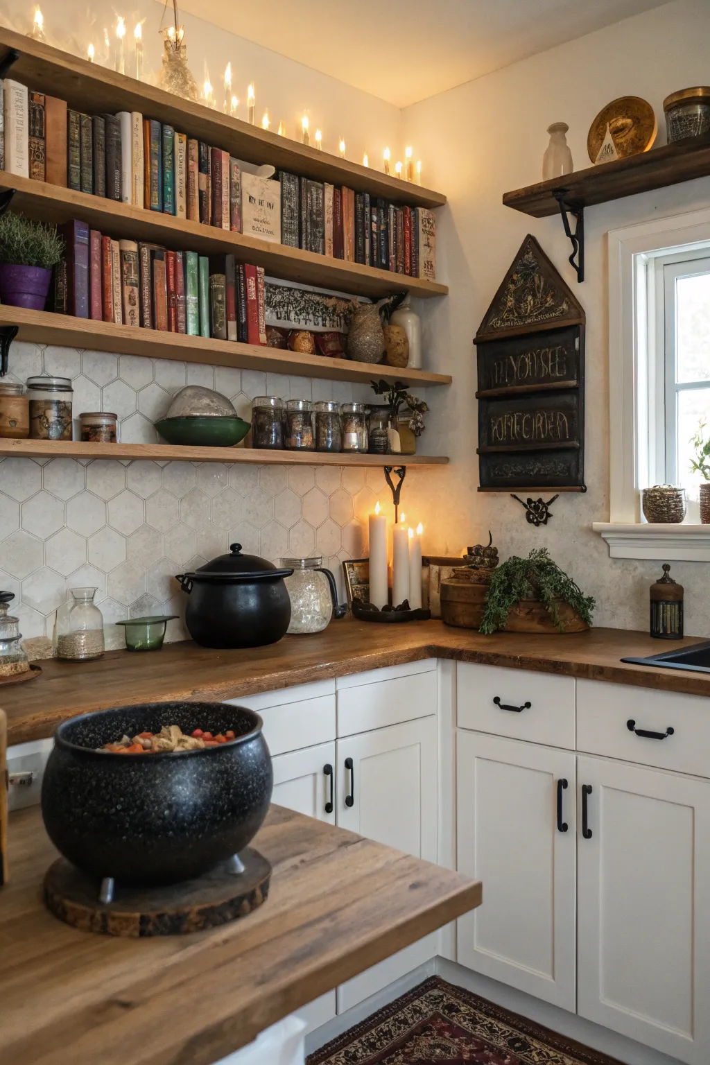 Open shelves display a collection of magical treasures.