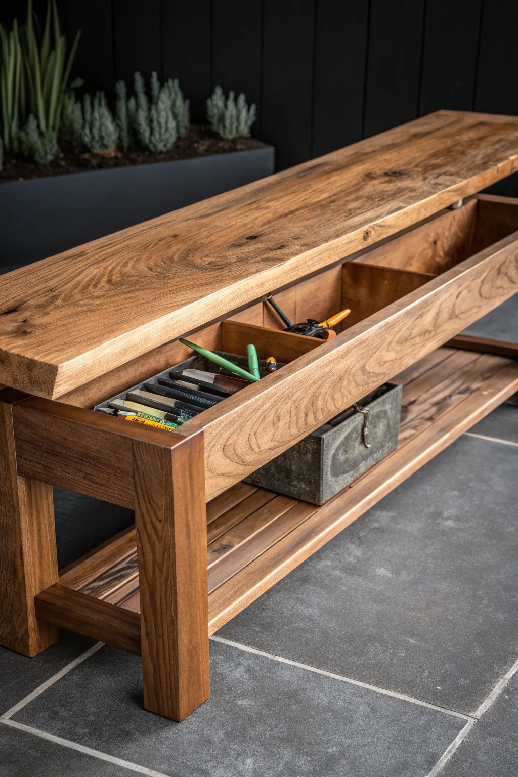 Discover the art of craftsmanship with this elegant wood beam bench, hiding practical storage beneath its seat.