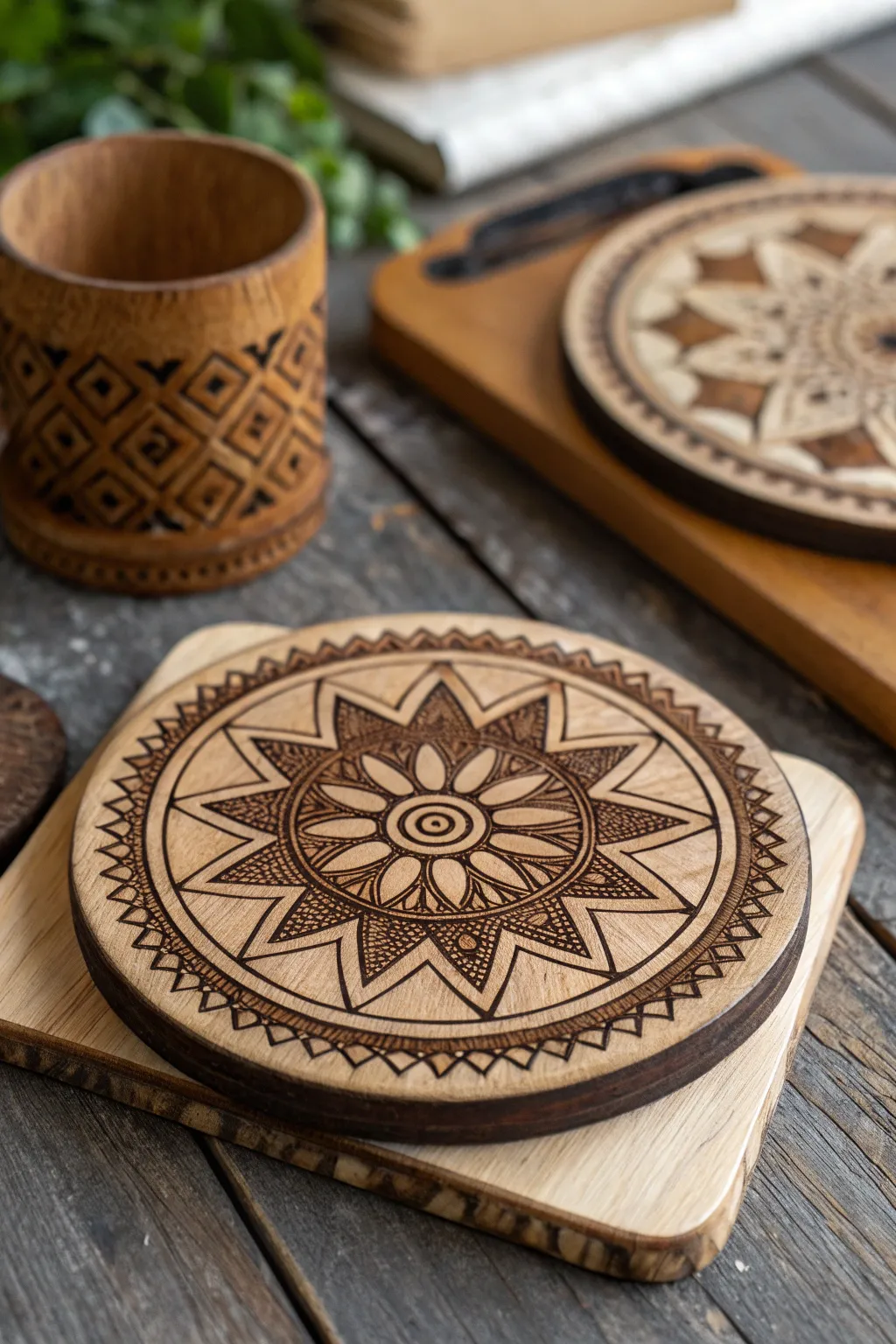 Elevate your table setting with handcrafted wooden coasters, where art meets function.