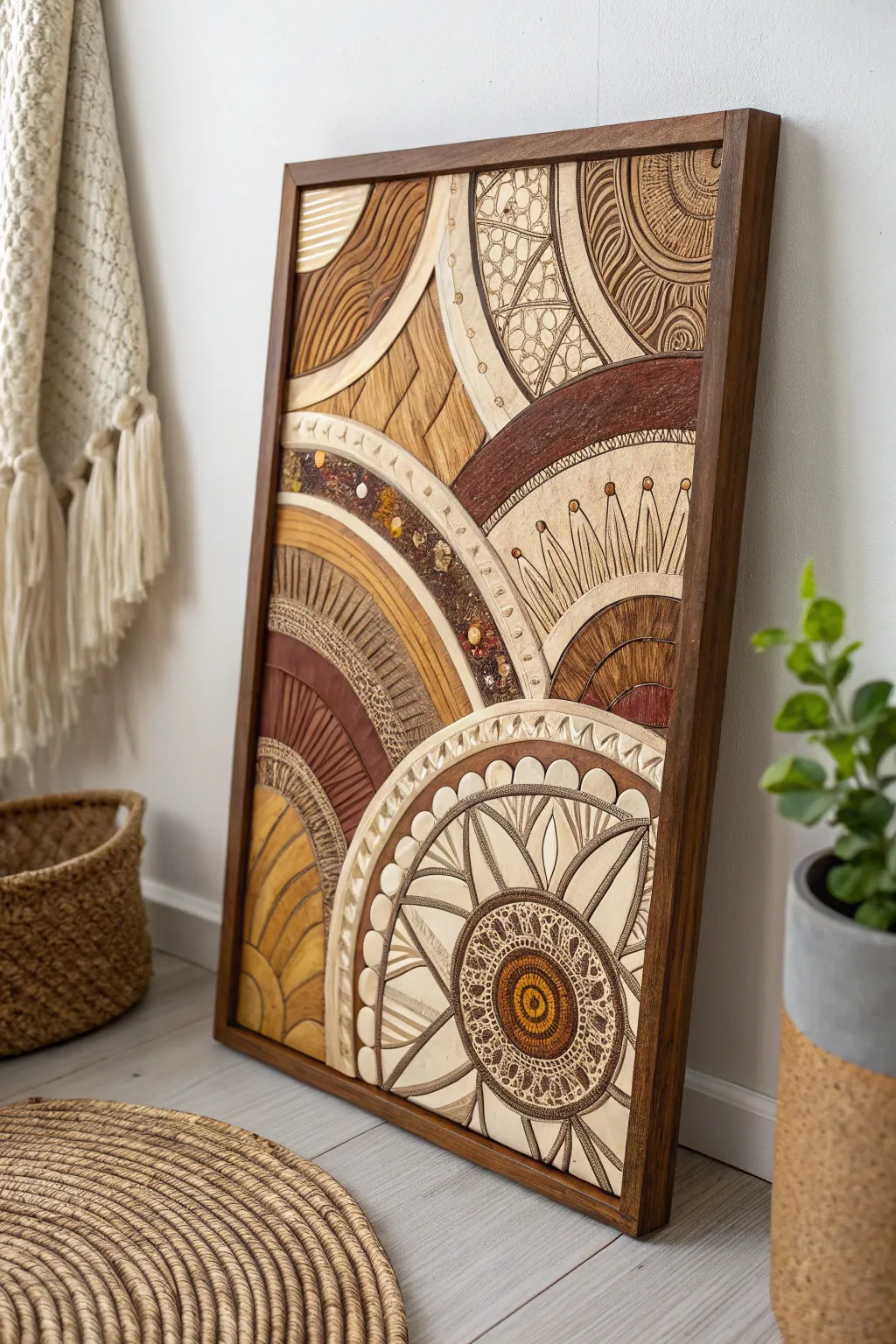 Explore the artistry of textures and layers with this captivating wooden masterpiece.