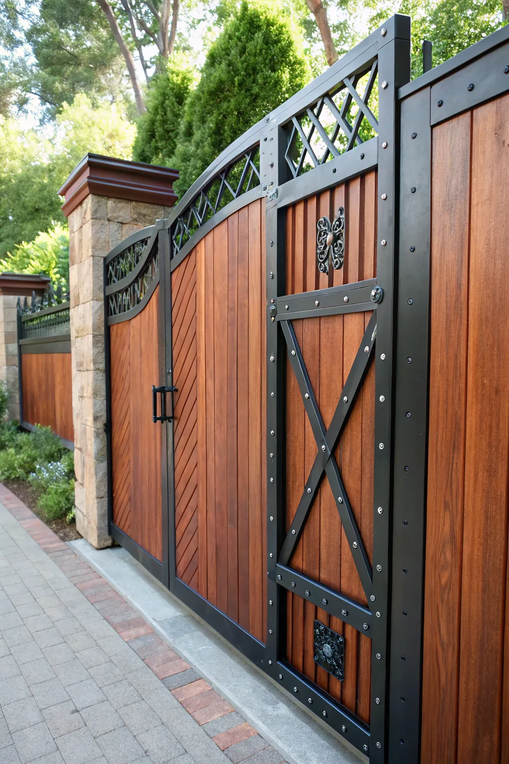 Elevate your entrance with a stunning wood and metal masterpiece. #Craftsmanship #GateDesign