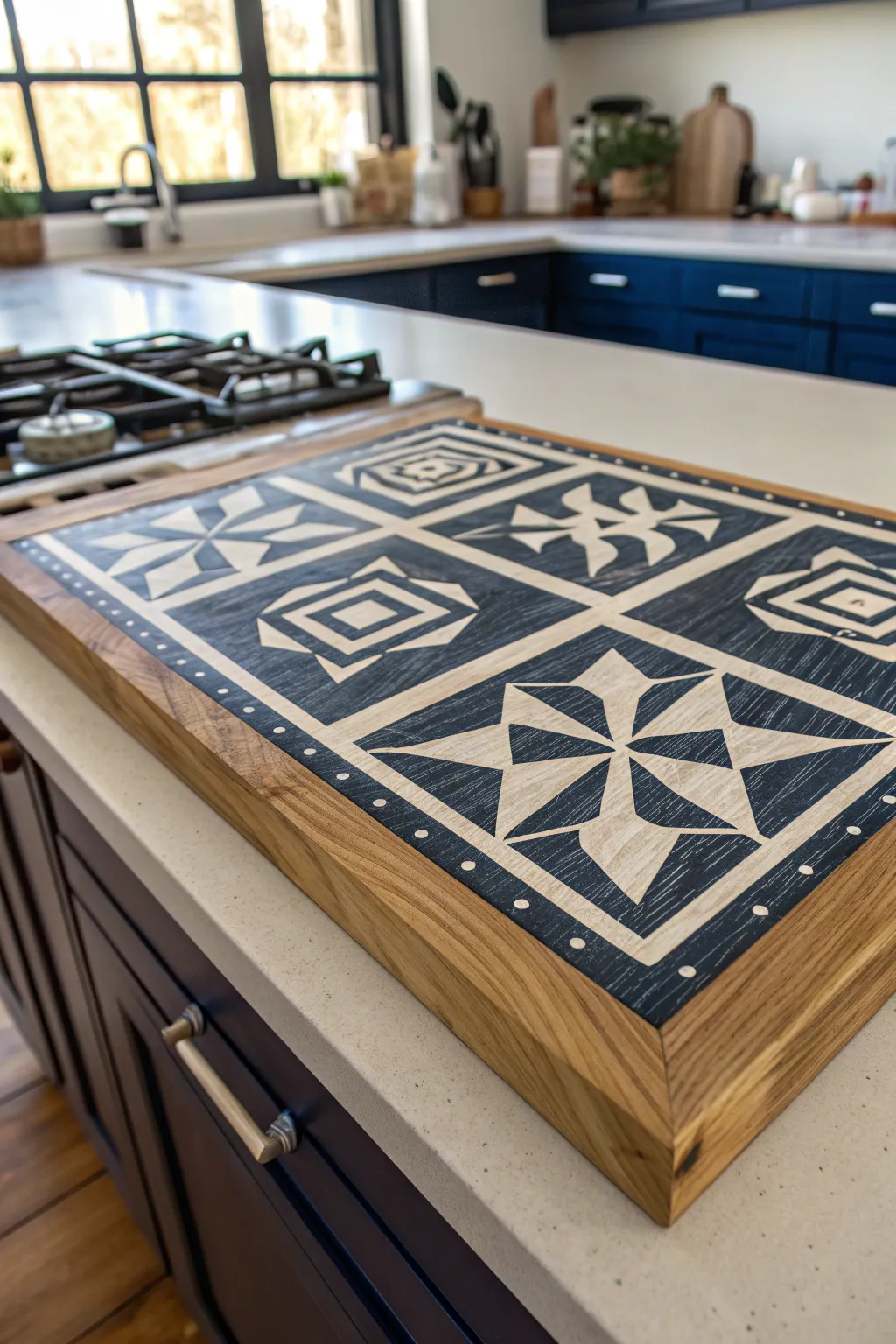 Transform your kitchen with a handcrafted geometric stove top cover – where artistry meets functionality.