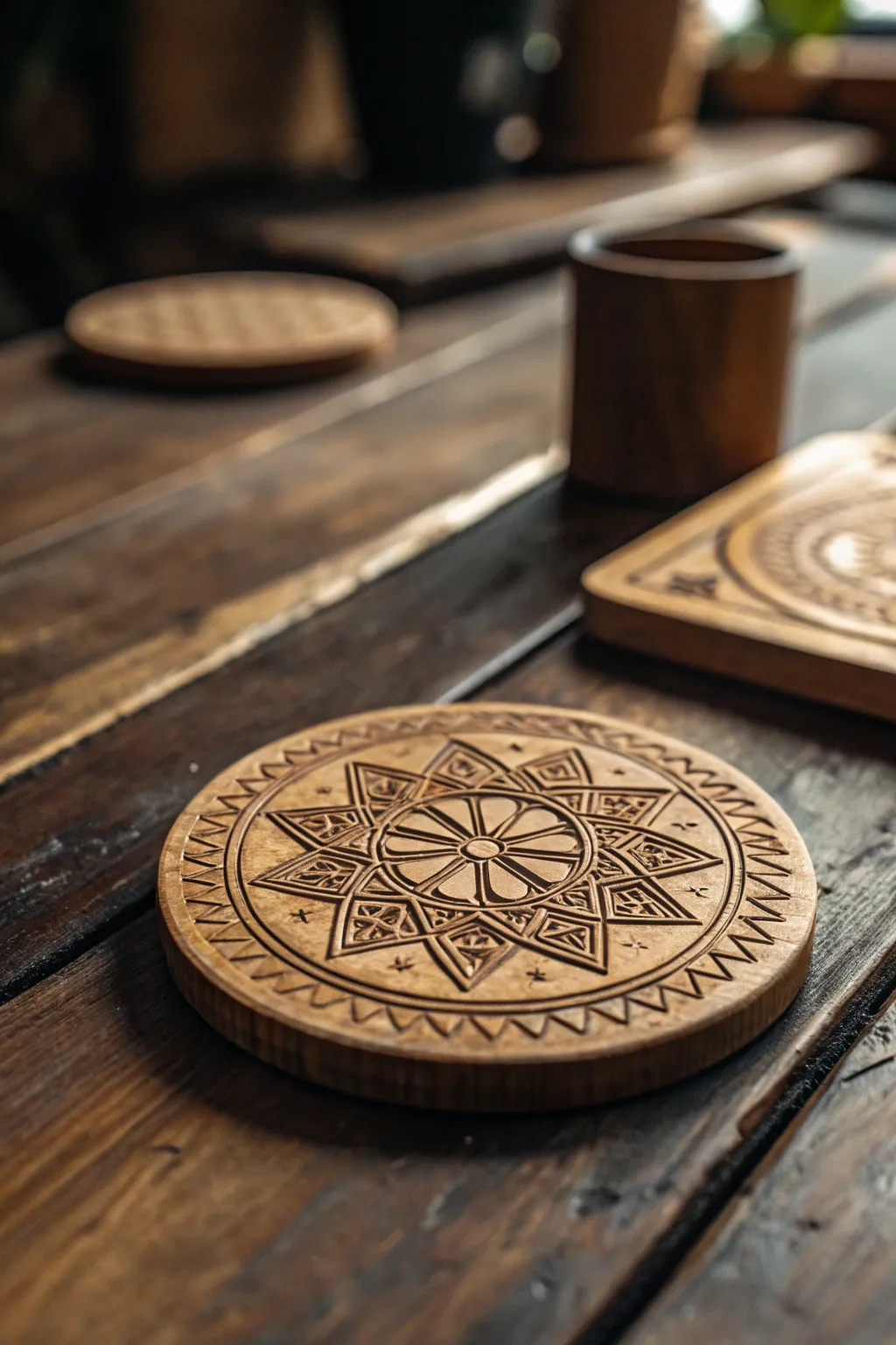 Elevate your coffee table style with meticulously engraved wooden coasters.