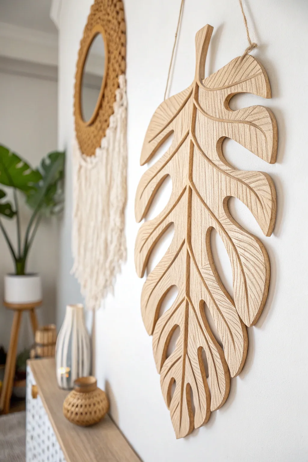 Elevate your space with the serene beauty of handcrafted wooden leaf art.