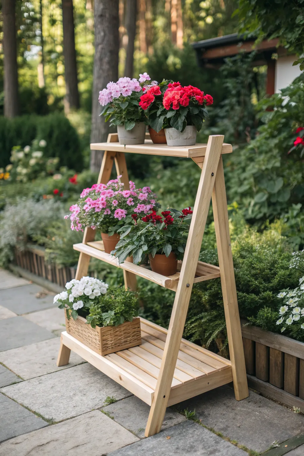 Elevate your garden style with these minimalist wooden plant stands, where simplicity meets striking floral beauty.