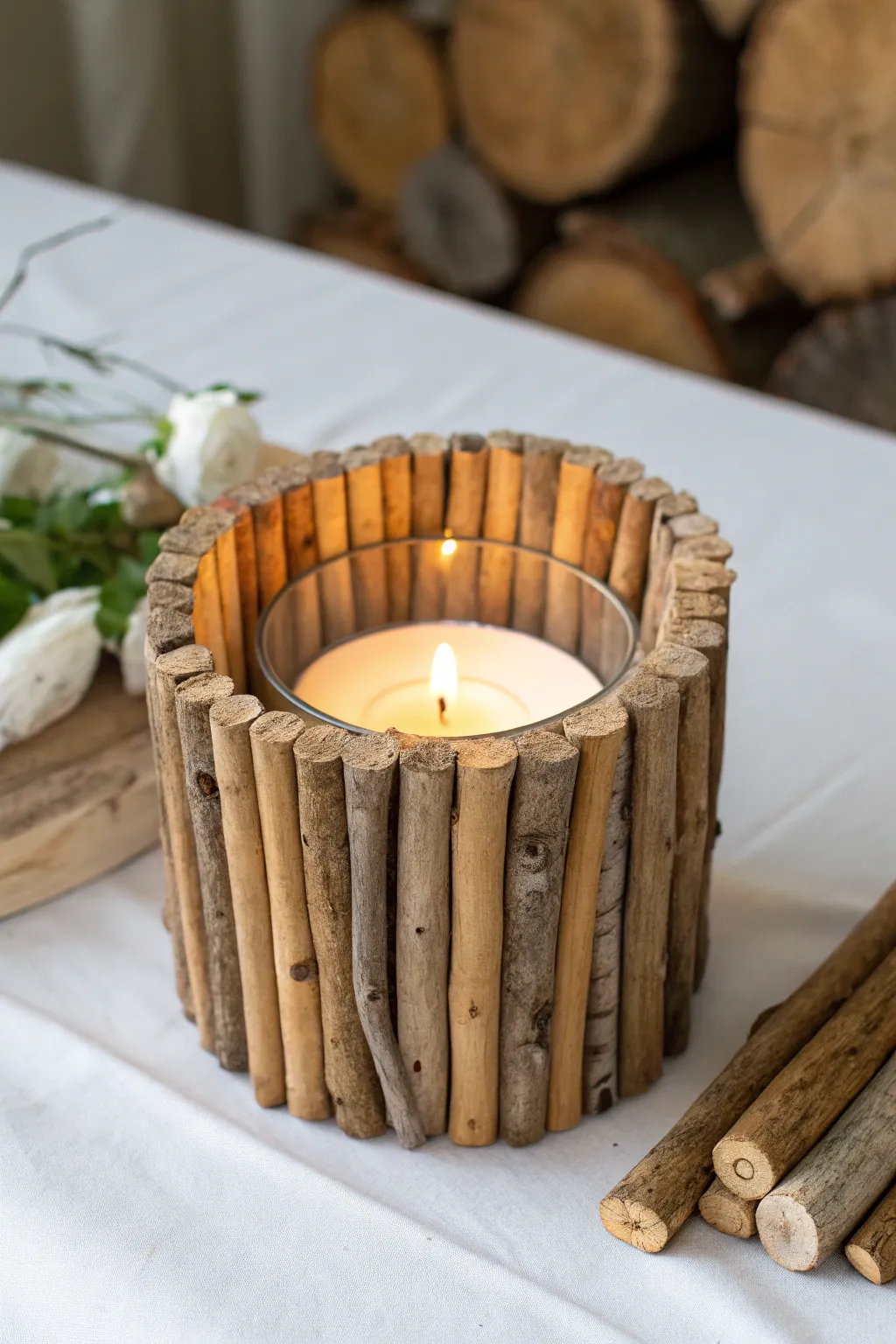 Illuminate your space with the natural charm of handcrafted wooden stick candle holders.
