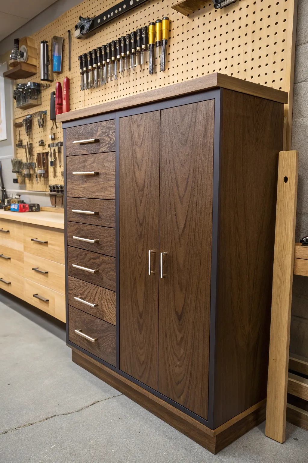 Elevate your workshop with this masterfully crafted tool storage solution that marries function with form.