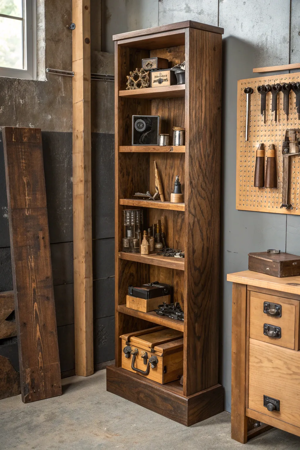 Transform your workshop with this stunning corner shelving solution, where craftsmanship meets functionality.