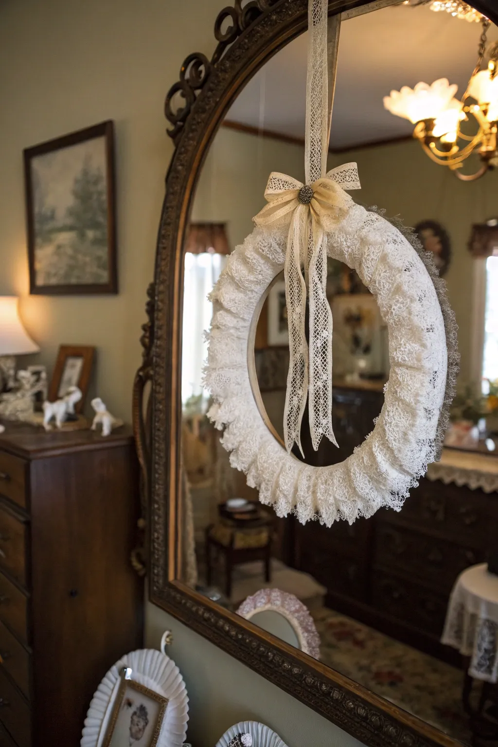 Lace adds vintage vibes to a mirror wreath.