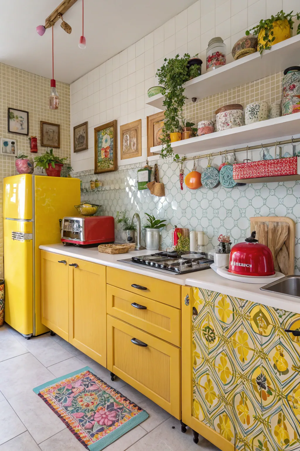 Mixed patterns in yellow tiles create a unique and personal kitchen style.