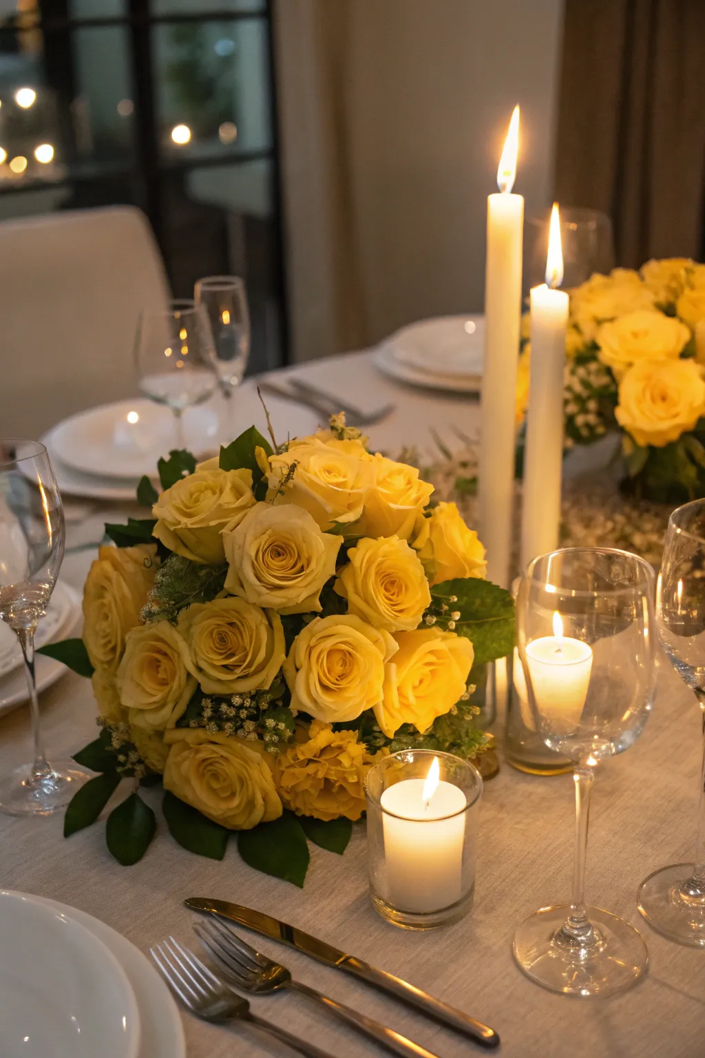 Romantic glow with yellow roses and candlelight.