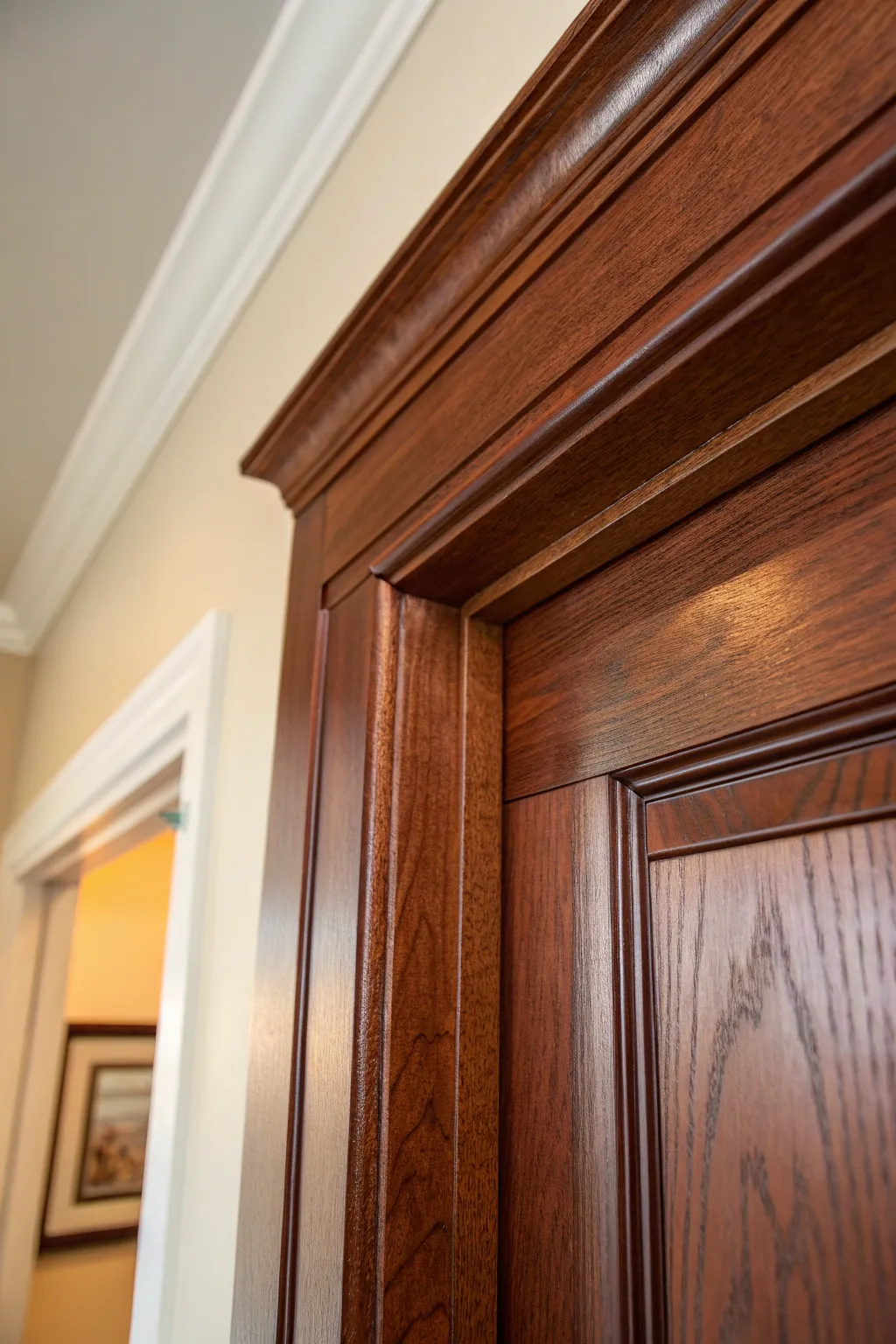 Elevate your space with the timeless elegance of mahogany-stained trim.