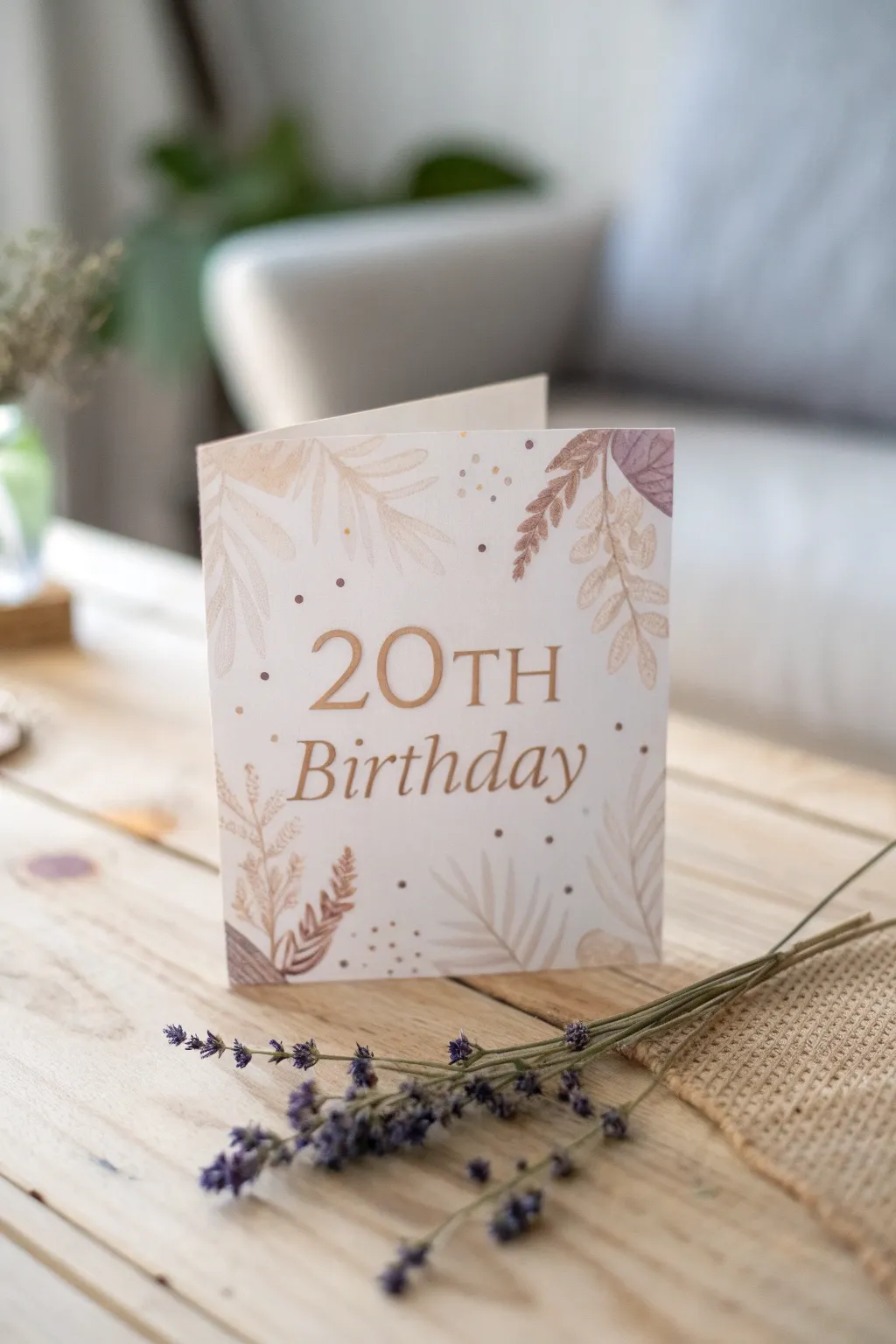 Celebrate sustainably with an elegantly minimalist, eco-friendly 20th birthday card crafted from recycled materials.