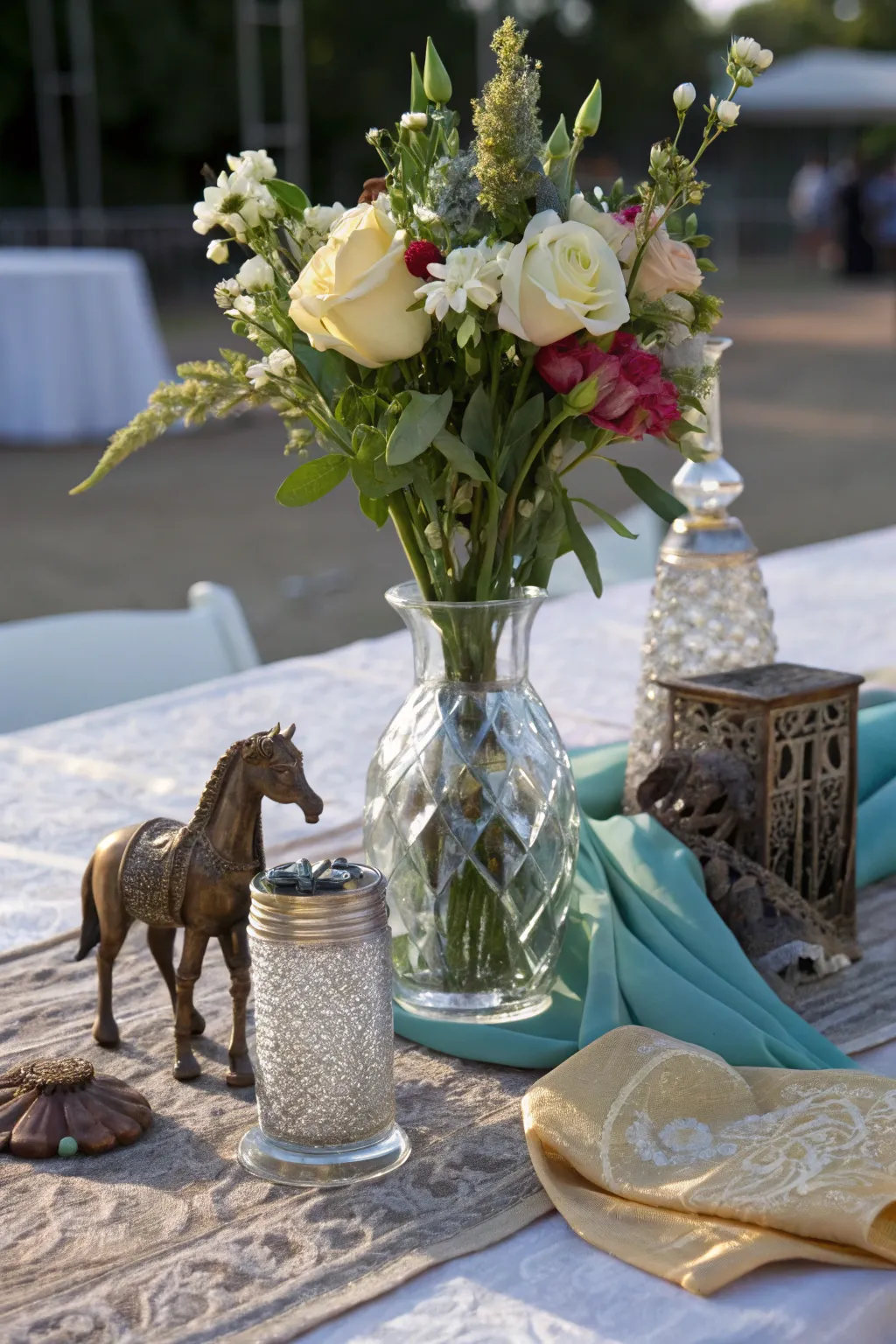 An eclectic centerpiece combining various materials for a unique look.