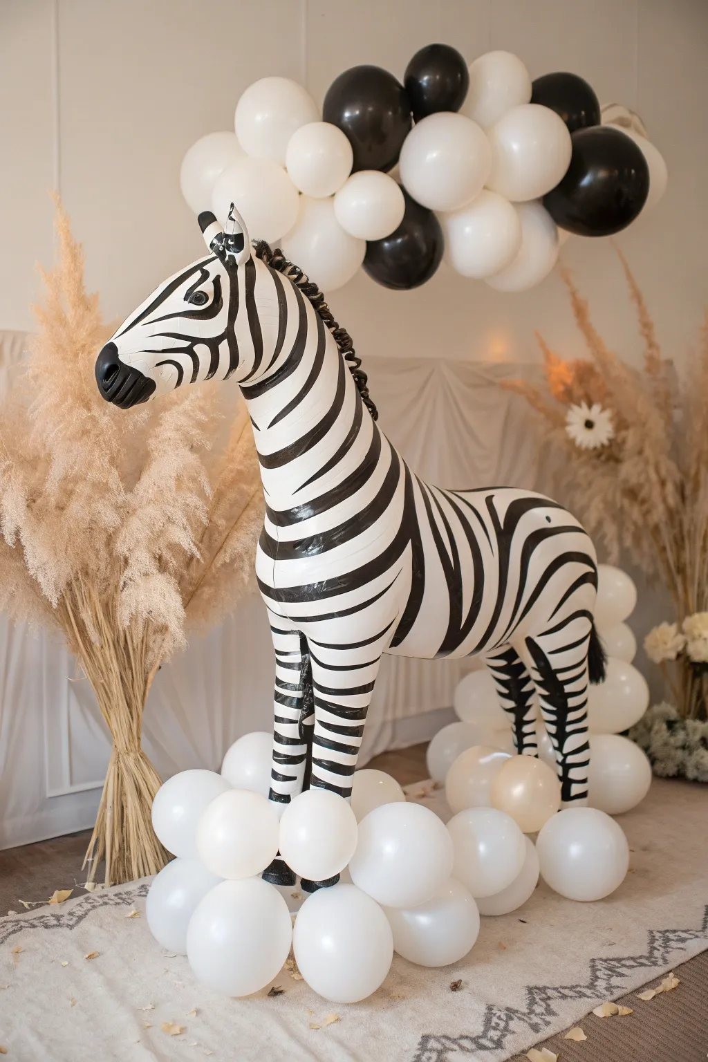 Elevate your party decor with this stunning zebra balloon sculpture, where minimalist design meets playful creativity.