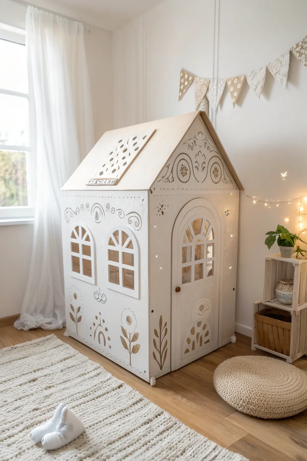 Where imagination meets craftsmanship: a minimalist cardboard playhouse for endless adventures.
