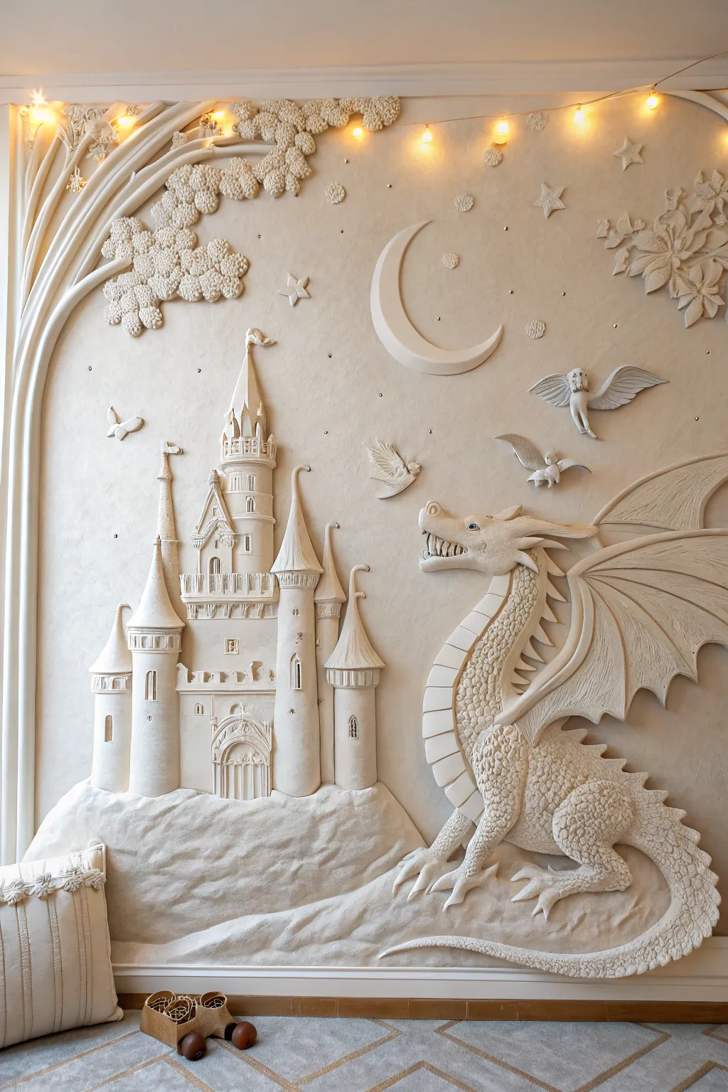 Transform your space into a fairytale dreamscape with this enchanting 3D clay mural.
