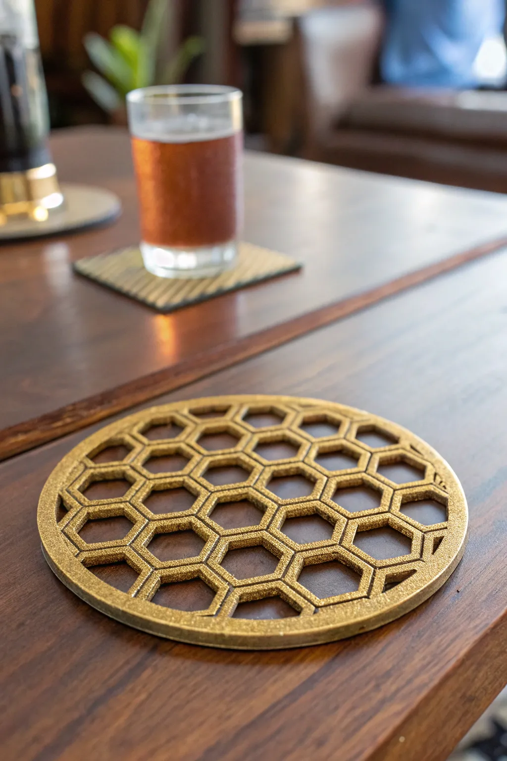 Elevate your coffee table with this striking 3D printed honeycomb coaster, where craftsmanship meets modern style.