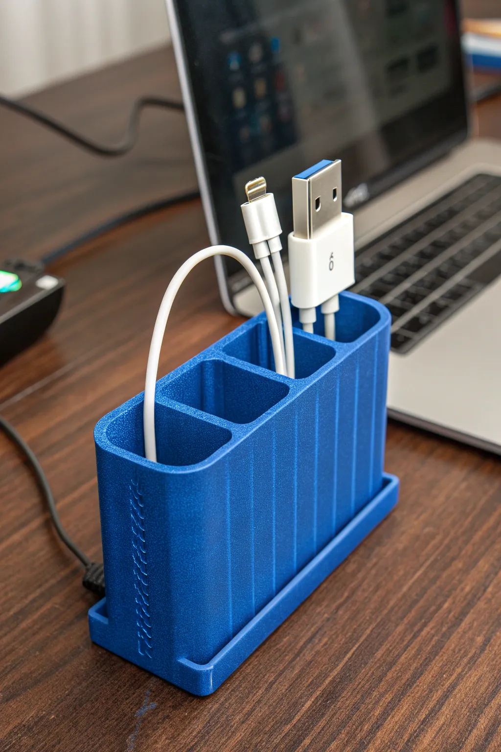 Transform your workspace with this bold, cobalt blue 3D-printed cable organizer. A touch of craftsmanship for cable chaos!