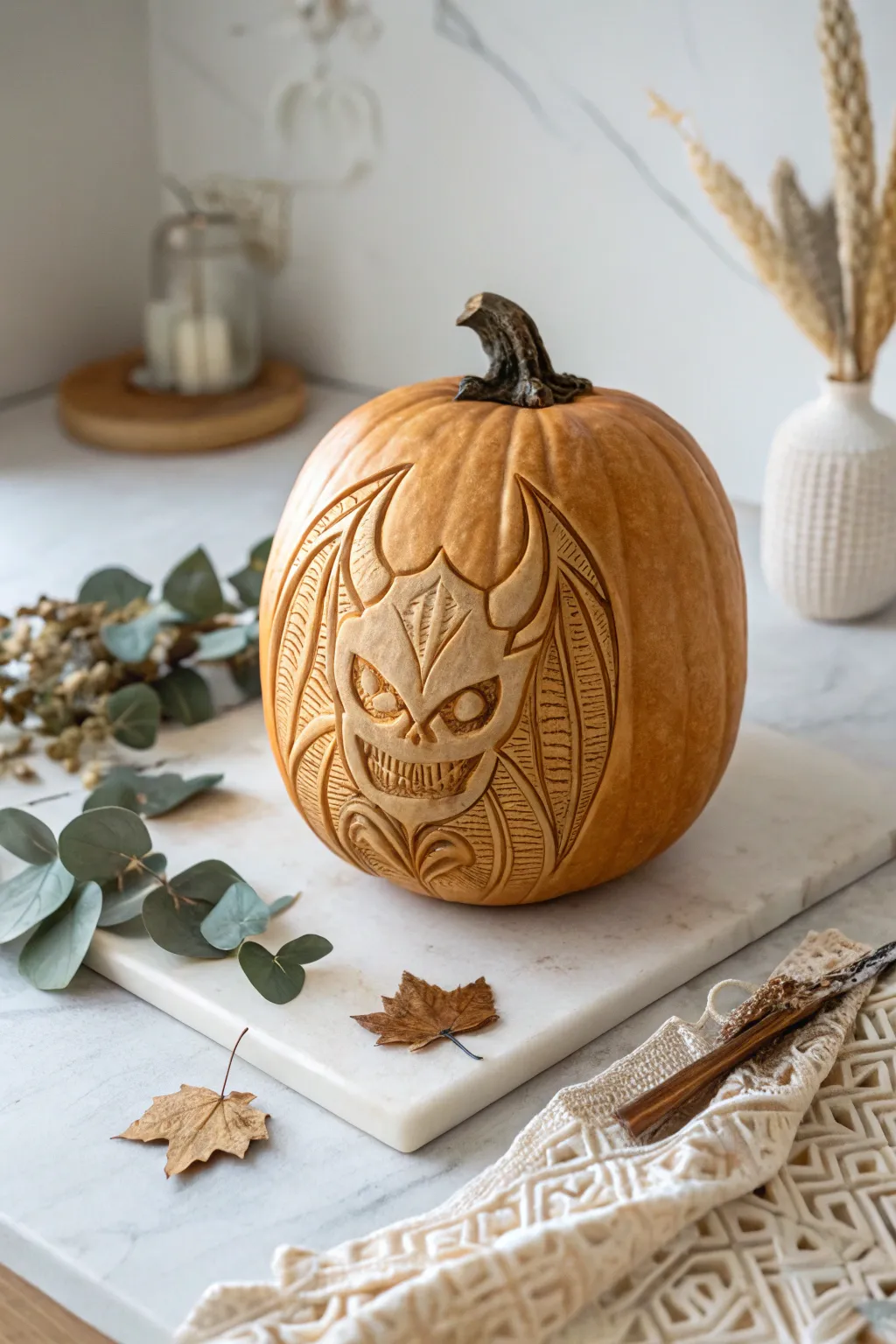 Embrace the art of chiseled creations with this exquisitely carved pumpkin, merging ancient allure with minimalist elegance.