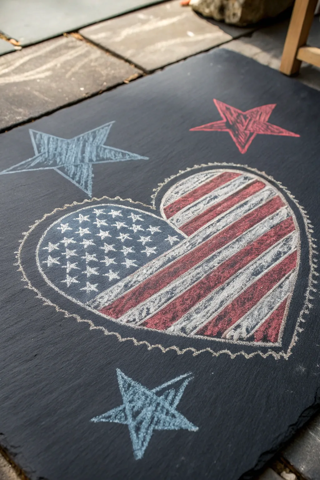 Celebrate love and patriotism with this charming Flag Heart chalk art design, perfect for adding a touch of minimalist elegance to your 4th of July decorations.