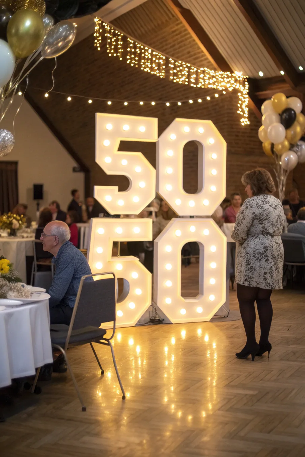 Oversized '50' numbers providing a playful and festive focal point at the party.