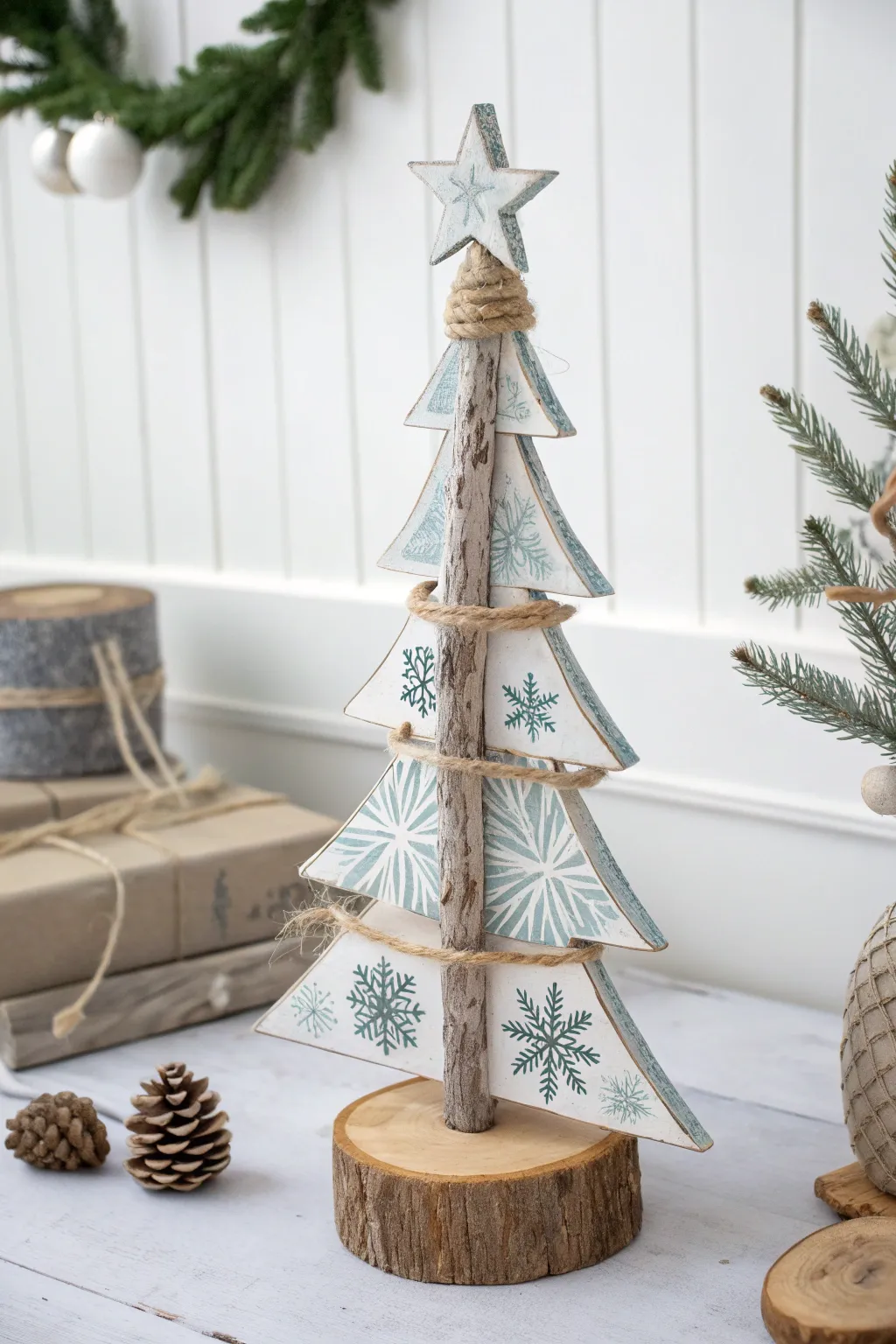 Embrace the cozy allure of winter with this folk art-inspired tree sculpture, a perfect blend of minimalist elegance and natural beauty.