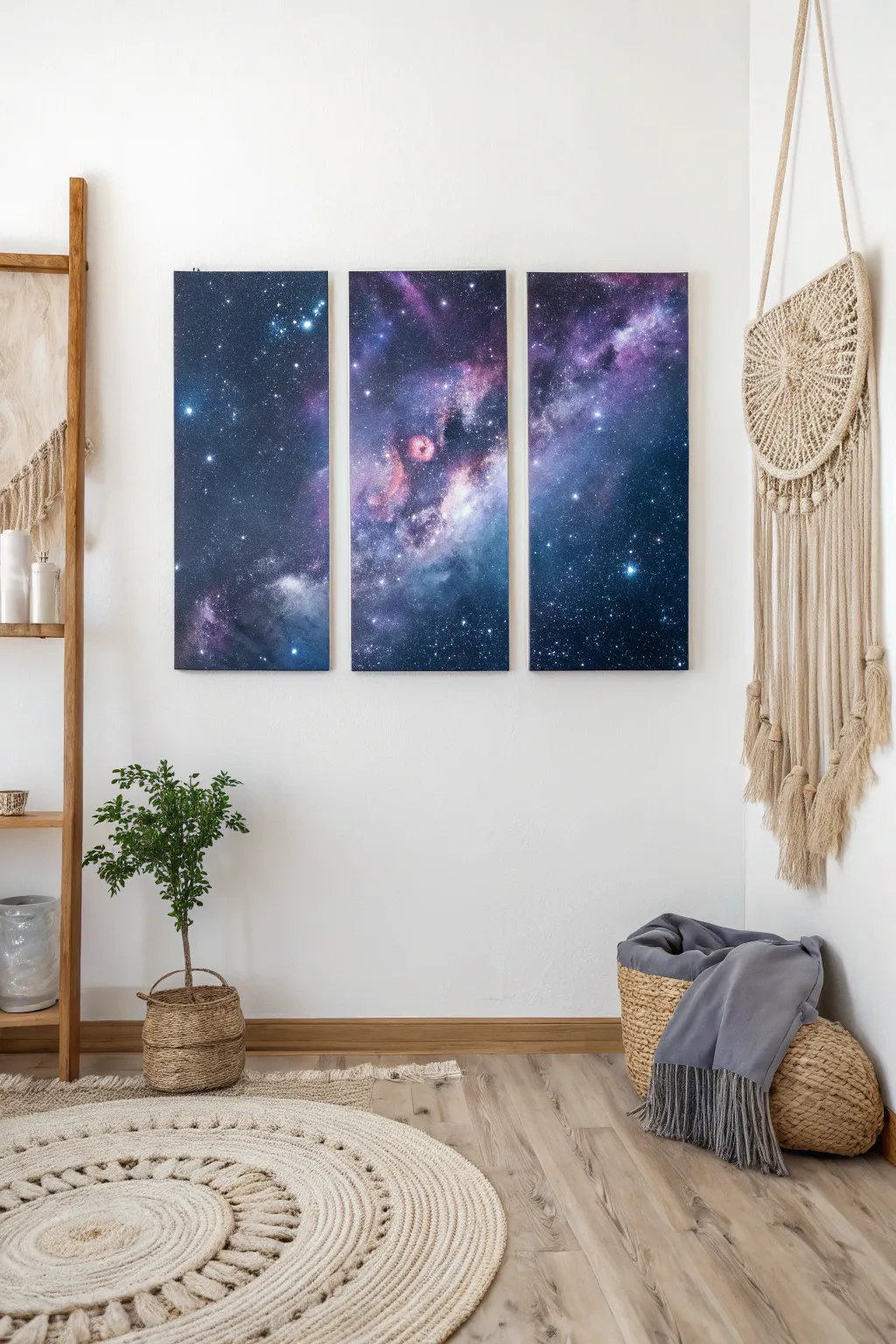 Embark on a cosmic journey with this stunning galaxy triptych, where each canvas unveils a deeper universe. #ScandinavianBoho #MinimalistArt
