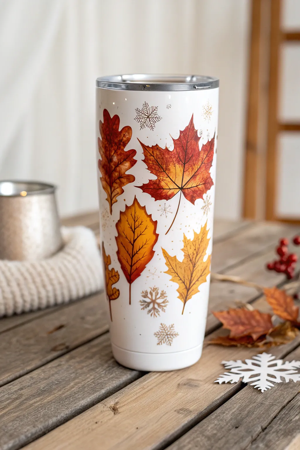 Embrace the seasons with this beautifully crafted acrylic-painted tumbler, blending fall warmth with winter's charm.