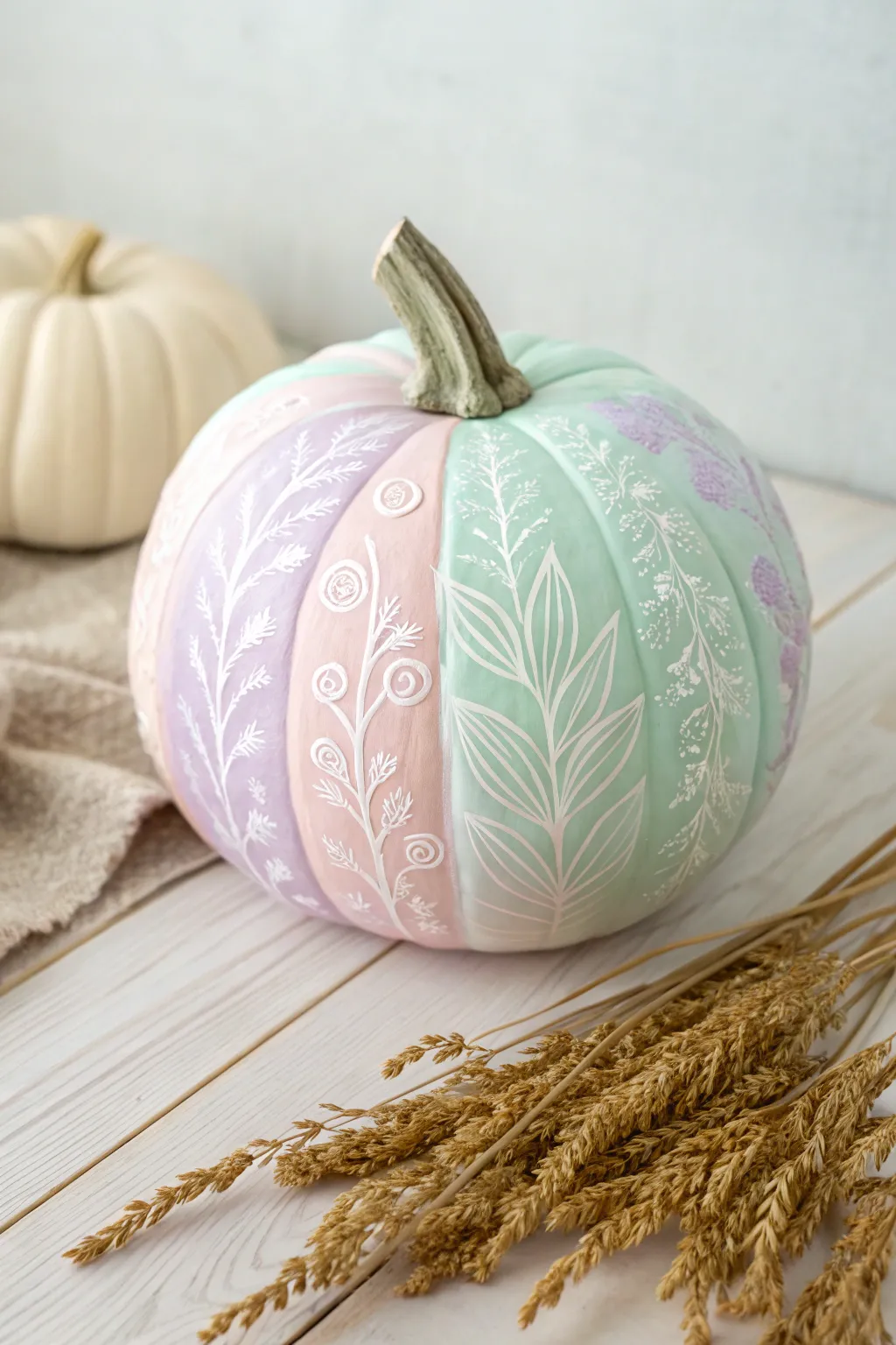 Embrace the gentle beauty of fall with pastel-painted pumpkins that add a touch of spring to your decor.