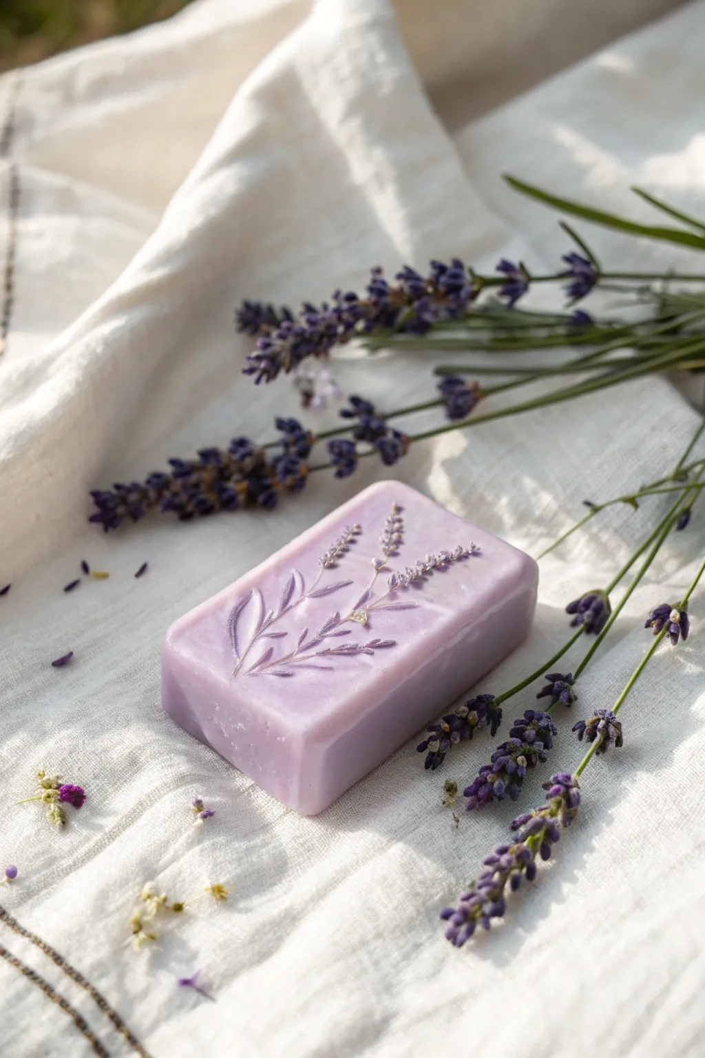 Indulge in the art of simplicity with handcrafted lavender soap for a tranquil spa experience at home.