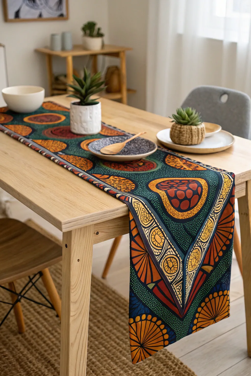 Add a vibrant touch to your dining space with an African print table runner—where minimalism meets boho elegance.