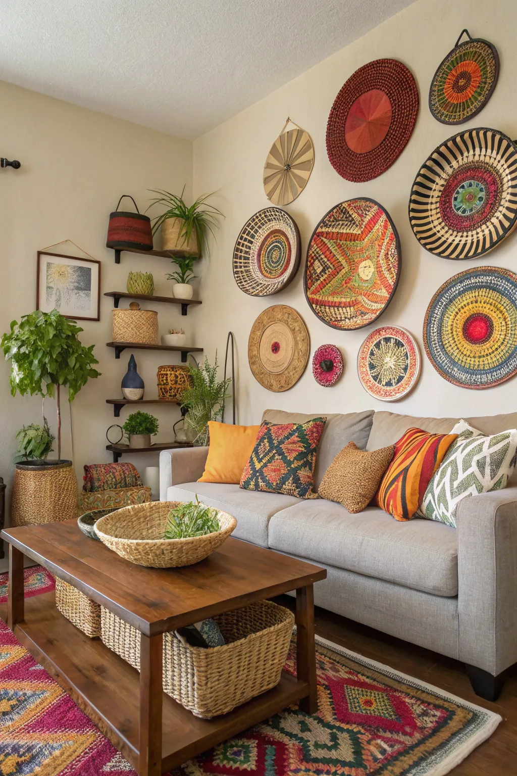 Woven baskets provide practical storage and decorative interest.