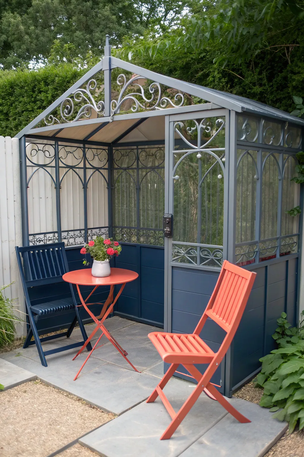 Transform your aluminum shed into the ultimate cozy retreat with bold, handcrafted seating for your morning coffee.