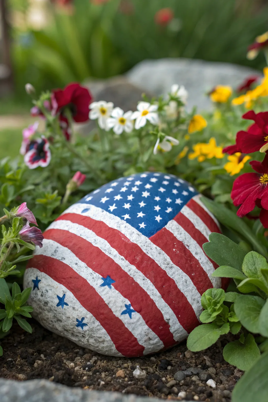 Add a pop of patriotic charm to your garden with these beautifully crafted miniature rock flags.