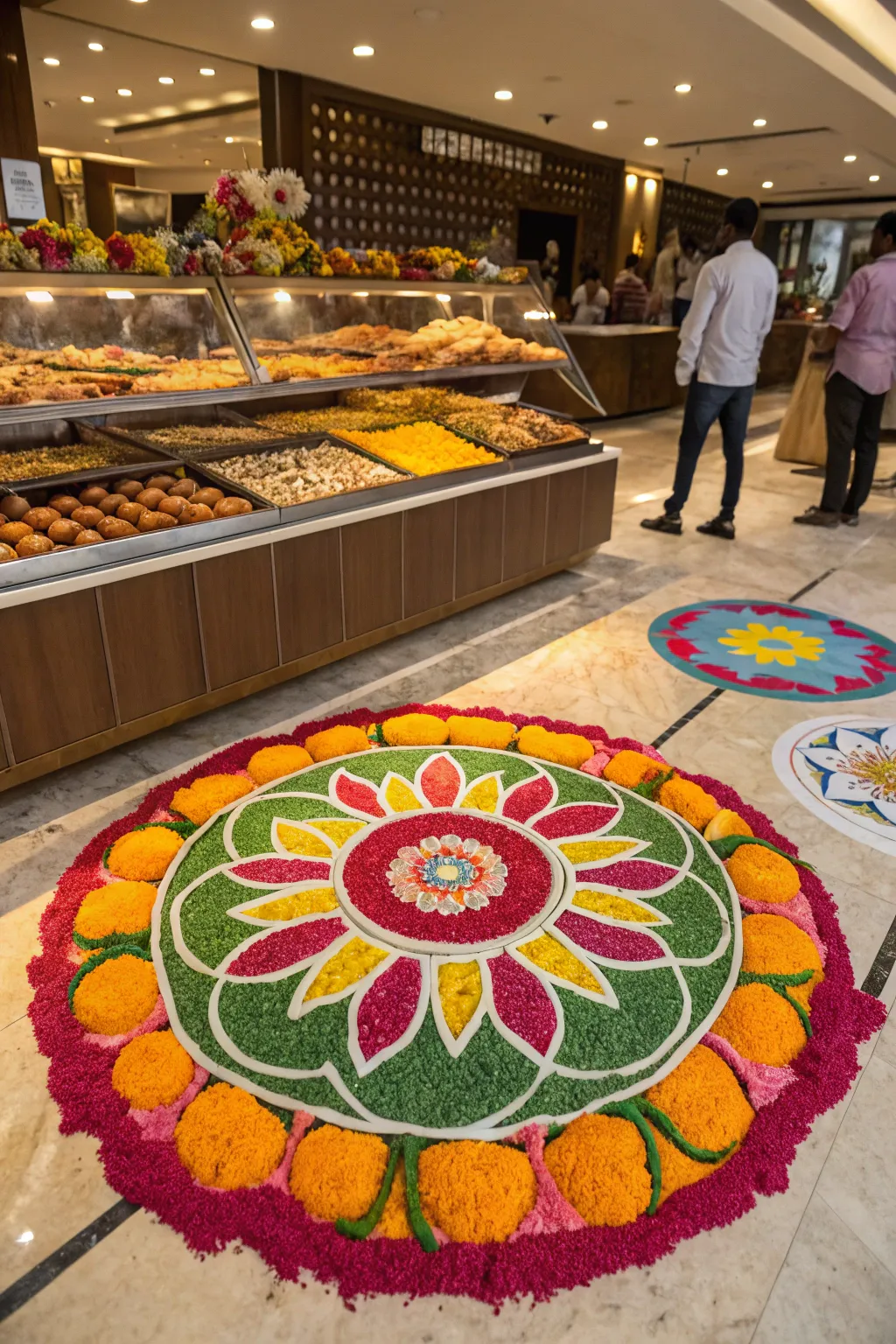 Vibrant rangoli adding traditional charm to the Annakut setup.