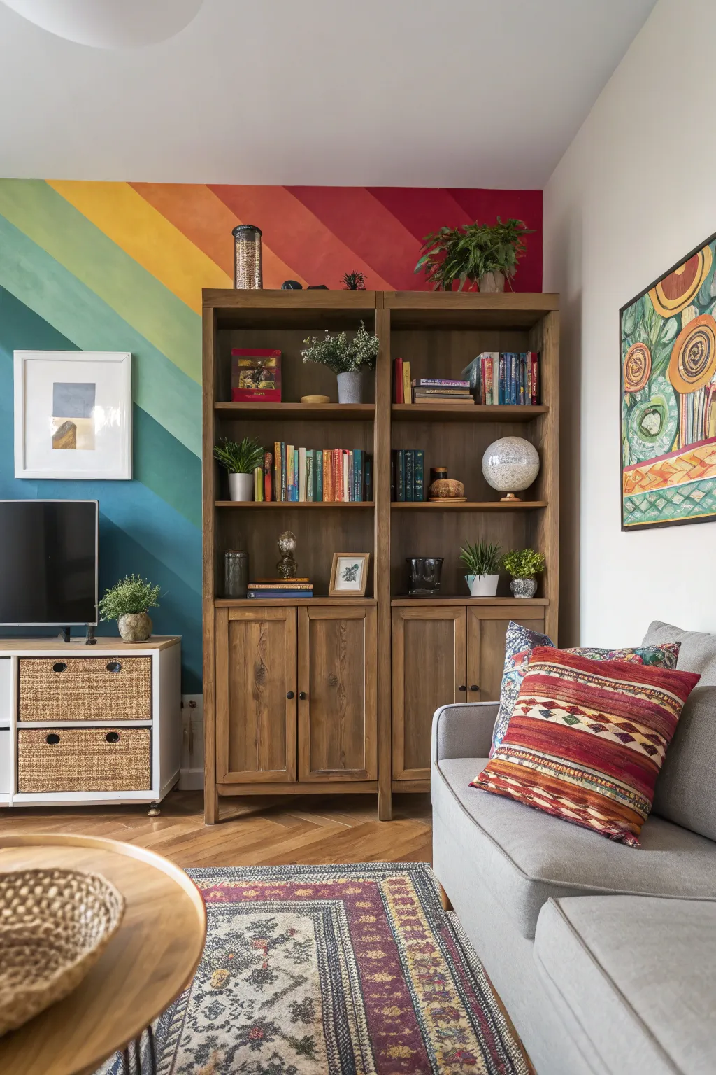A bold painted backdrop adds depth and interest to a living room bookshelf.