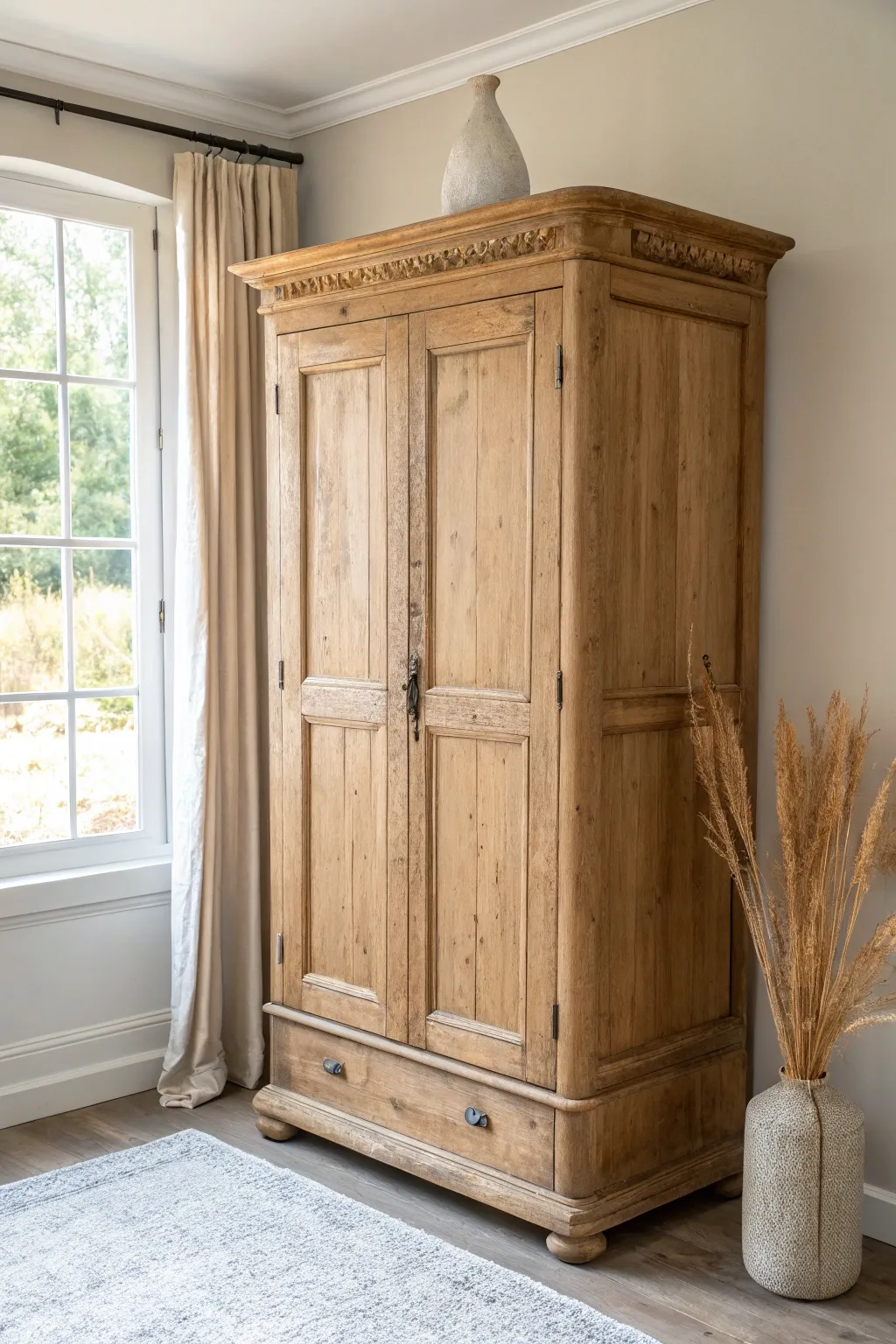 Discover the beauty in simplicity with this raw wood antique armoire, perfect for a warm and natural home ambiance.