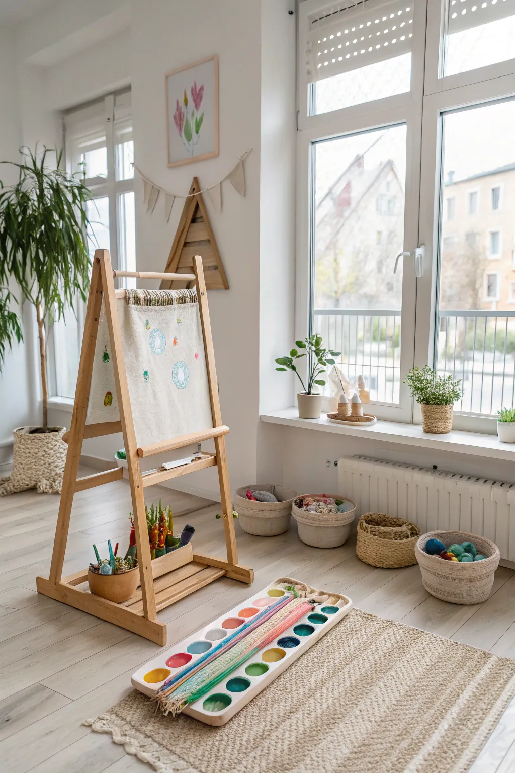 Embrace creativity with the glow of natural light in this serene preschool art corner.