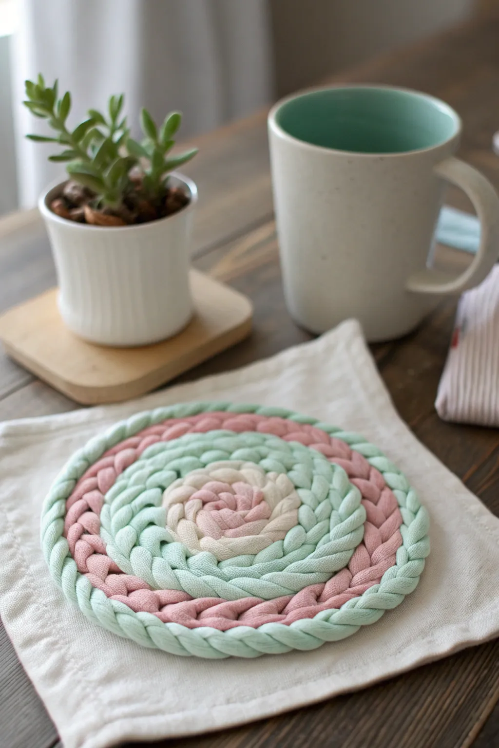 Transform your coffee table with handmade T-shirt yarn coasters — a perfect blend of colorful creativity and sustainable style.