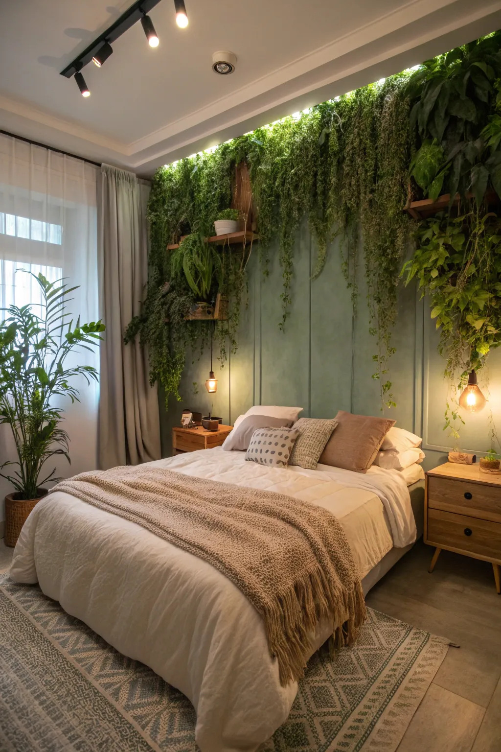 A plant wall adds serenity to any bedroom.