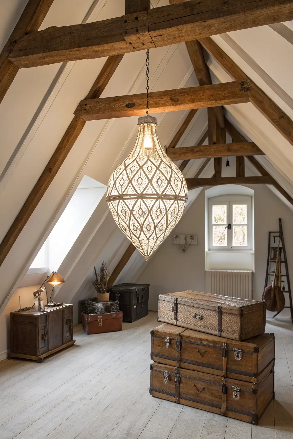 A stylish attic enhanced by a decorative light fixture.