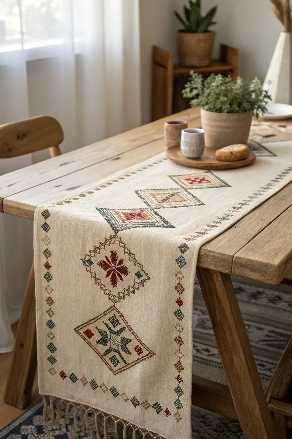 Elevate your dining experience with Aztec-inspired embroidery that blends ancient artistry with modern minimalism.