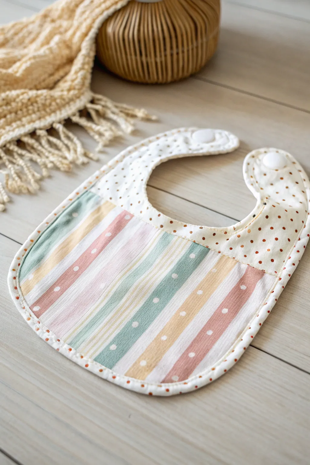 Embrace the charm of mixed patterns with this delightful baby bib, where stripes meet polka dots for a playful yet minimalist look.