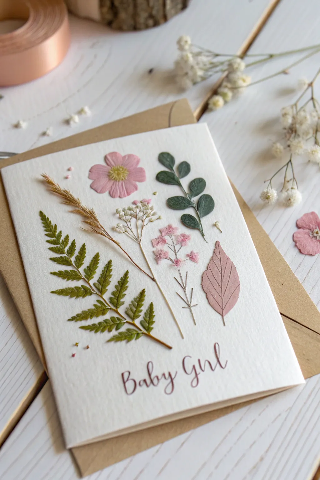 Embrace Nature's Beauty: A baby girl card that blends minimalist elegance with organic charm.