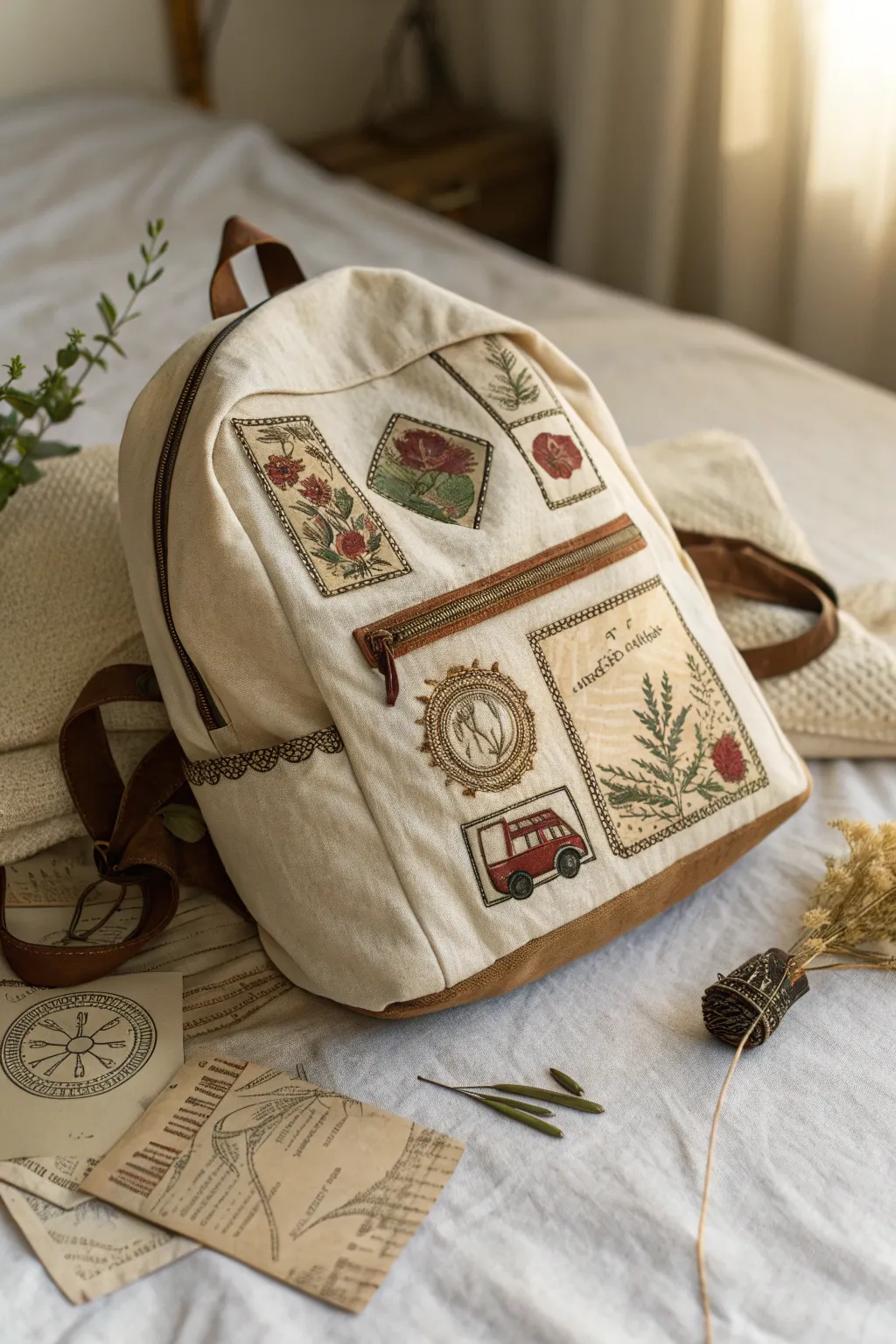 Embrace nostalgia with vintage-inspired embroidery on your backpack, blending timeless elegance with minimalist charm.