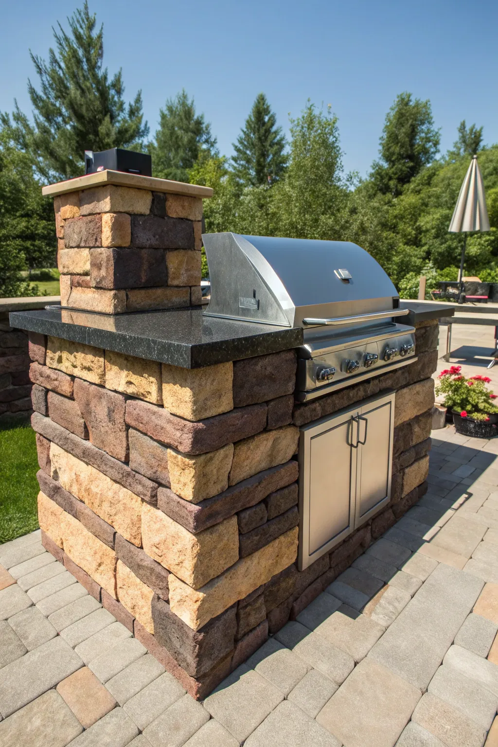Elevate your backyard BBQ with a stunning stone veneer grill design, where craftsmanship meets elegance.