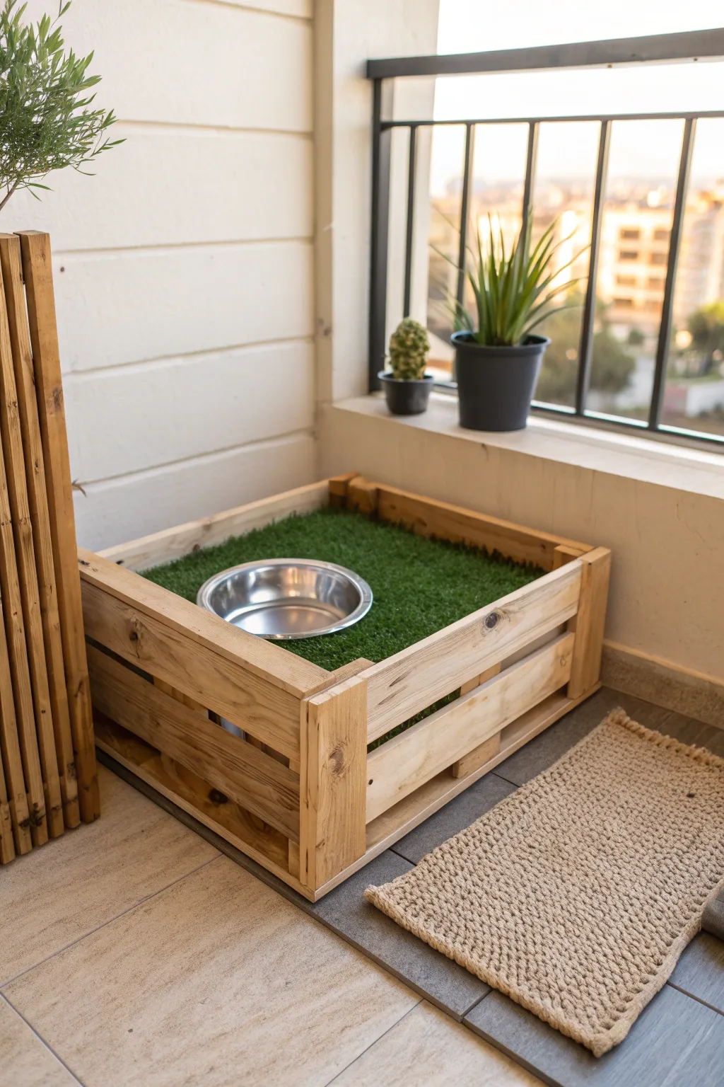 Transform your balcony into a chic pet oasis with this upcycled pallet potty idea! 🌿🐾 #EcoFriendlyLiving #ScandiBoho